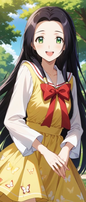 sumeragi kaguya, green eyes, black hair, long hair, hair tubes, red bow, yellow dress, squar necked dress, butterfly print, long sleeves, smiling, sunny day, park, mouth open teeth, 
