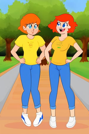 1girl, Orange hair, short hair, yellow tee, v neck shirt, blue jeans, longe pants, white shoes, blue eyes, medium breast,  freckles, open mouth, park, day times, trees, standing, ultra high quality, hands on hips,