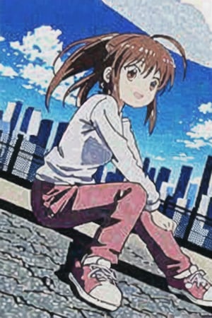 score_9, score_8_up, score_7_up, score_6_up, rating_safe, source_anime, best quality, masterpiece, detailed background, detailed eyes, (dutch angle), streets, city, sunny, sitting, looking away, diagonal view, smiling, open mouth, natsume rin, small breasts, ahoge, long ponytail, white raglan shirt, pink shoes, Pink long pants, Blue longe sleeve, Red eyes,