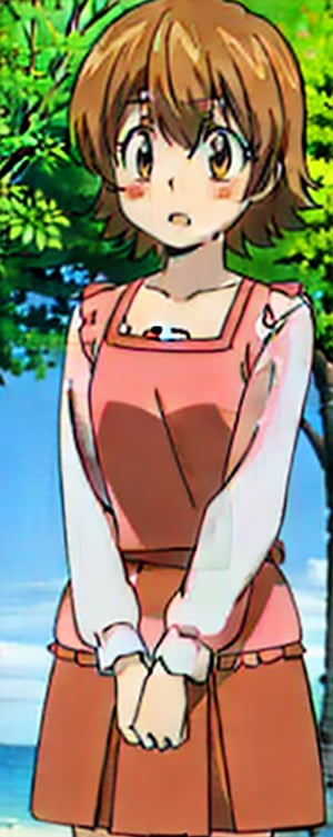 Kyoko1, brown hair, shirt hair, pink dress, summer, beach outdoors, daytimes, looking at the viewers, masterpiece, standing, puffed sleeves, high quality, (4k), 