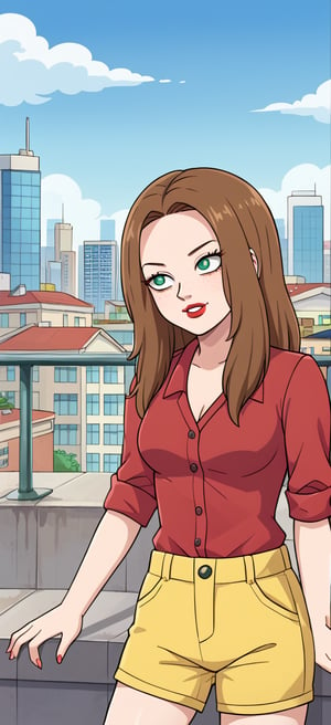 BIG FOREHEAD, S4rahLynnBH, brown hair, green eyes, looking at viewers, , Freckles, RED SHIRT, YELLOW SHORTS, city, day, outdoors, anime style,lipstick