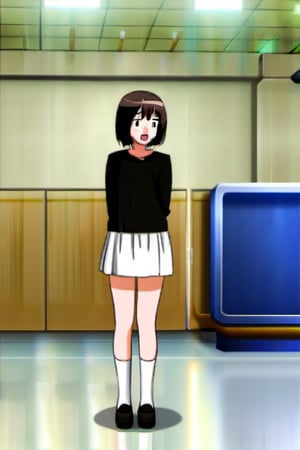 1girl, solo, short hair, open mouth, skirt, brown hair, shirt, black hair, standing, full body, socks, indoors, parody, arms behind back, white skirt, Realisic Miura Haru