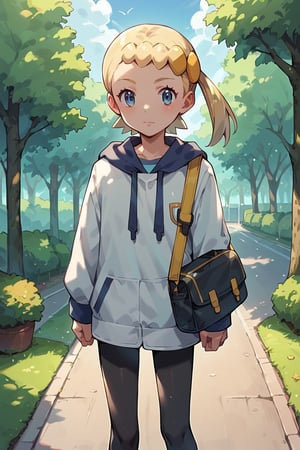 score_9, score_8_up, score_7_up, score_6_up, blue eyes, blond hair, side ponytail,  black leggings, standing, day, park, bonnie,source_anime