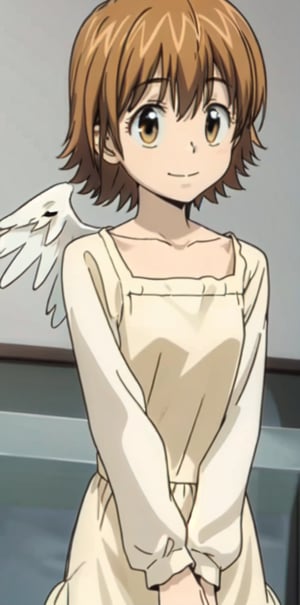 kyoko1, short hair, brown hair,  brown eyes, white dress, angle outfit, long sleeves, smile, angle wings, collarbone, hevan, day, looking at viewers,  collardbone, squard necked dress,