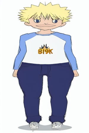 One boy spiky hair blonde hair red shirt raglan sleeves blue trouser jeans blue shoes freckles black eyes full body high quality 8k good quality full body looking at the viewers