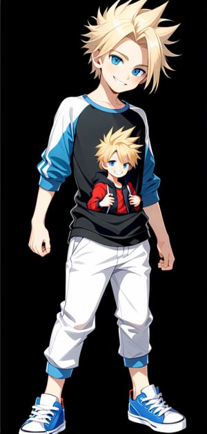 solo, smile, blue eyes, blonde hair, simple background, 1boy, full body, male focus, shoes, pants, spiked hair, black background, sneakers, male child, raglan sleeves, 