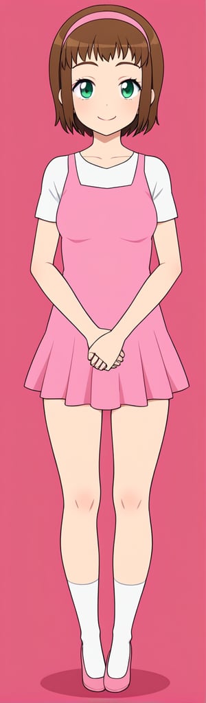 1girl, solo, smile, short hair, simple background, brown hair, dress, green eyes, standing, full body, hairband, socks, pink background, own hands together, pink hairband