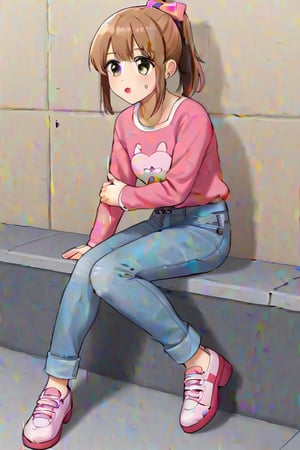 1girl, brown ponytail haired, pink ribbon, blue  long sleeves, pink jean trousers, pink gumshoes, 