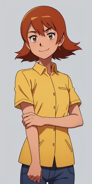  smile, short hair, orange hair, orange eyes, digimon 1girl, solo, smile simple background, shirt, white background,  standing, short sleeves, cowboy shot, collared shirt, pants, denim, yellow shirt, jeans,  arms at sides, , helmet, sora_takenouchi