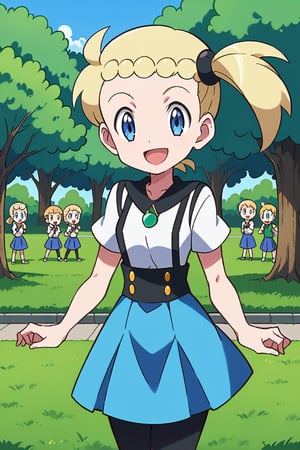 score_9, score_8_up, score_7_up, score_6_up, blue eyes, blond hair, side ponytail, blue skirt, black leggings, standing, day, park, bonnie, smile, mouth open, source_anime