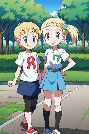 score_9, score_8_up, score_7_up, score_6_up, one child, tongue out, blue eyes, blond hair, side ponytail,  white t shirt, blue  jeans skirt, black leggings, standing, day, park, bonnie, smile, mouth open, source_anime