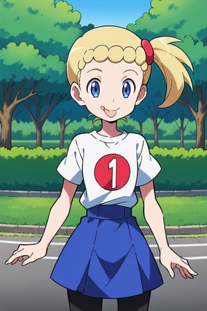 score_9, score_8_up, score_7_up, score_6_up, one child, tongue out, blue eyes, blond hair, side ponytail,  white t shirt, blue skirt, black leggings, standing, day, park, bonnie, smile, mouth open, source_anime