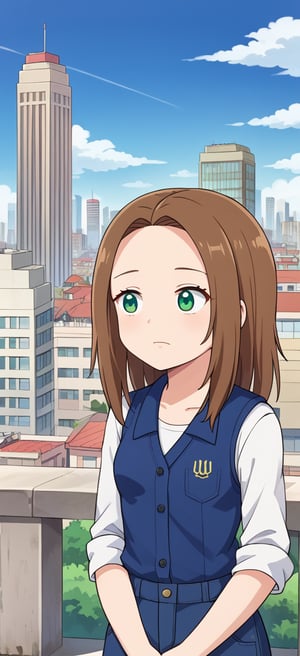 BIG FOREHEAD, S4rahLynnBH, brown hair, green eyes, looking at viewers, city, day, outdoors, anime style, 