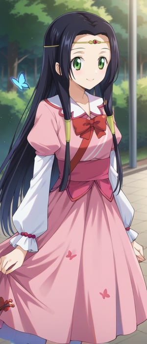 sumeragi kaguya, green eyes, black hair, long hair, hair tubes, red bow, pink dress, butterfly print, puffy_sleeves, smiling, sunny day, park,
