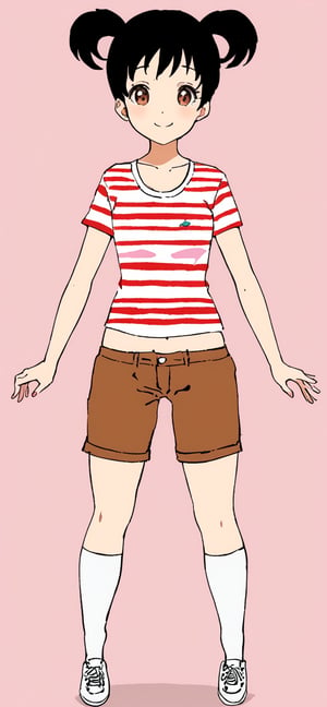 1girl, solo, smile, short hair, simple background, shirt, black hair, twintails, brown eyes, full body, shoes, shorts, socks, midriff, striped, kneehighs, pink background, short twintails, white socks, sneakers, striped shirt, brown shorts