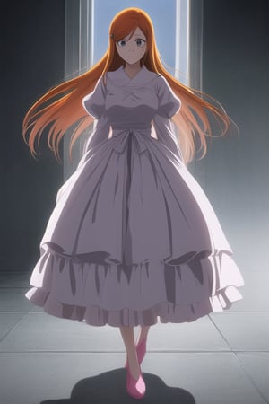 1girl, orange hair, long hair, gray eyes, hairclip, ((detailed face and eyes)), perfect eyes, intrincate details, masterpiece, best quality, cinematiclighting, inoue orihime, Pink shirt, striped shirt, longe sleeves, white long skirt, pink shose,anime ilustration, bleach art style, ((full body)) 