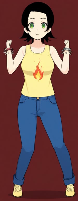 1girl, solo, short hair, black hair, jewelry, green eyes, pants, bracelet, tank top, fire, denim, spikes, jeans