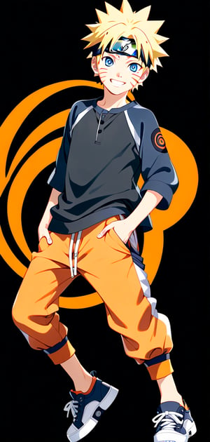 solo, smile, blue eyes, blonde hair, simple background, 1boy, full body, male focus, shoes, pants, spiked hair, black background, sneakers, male child, raglan sleeves, uzumaki naruto