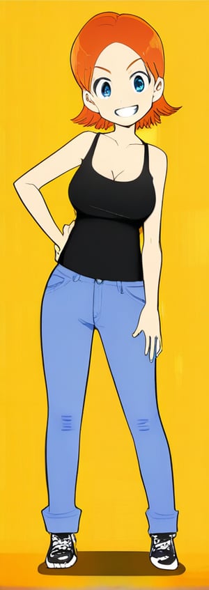 1girl, solo, breasts, looking at viewer, smile, short hair, blue eyes, simple background, cleavage, medium breasts, standing, full body, shoes, pants, orange hair, grin, hand on hip, tank top, denim, sneakers, yellow background, jeans, orange background, blue pants