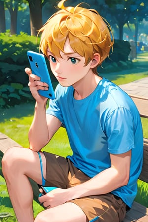 1Man, solo, masterpiece, best quality, yellow hair, short-sleeved light blue shirt,  brown shorts, blue shose, outdoors, phone, (Age18),  sided hair, white soocks, Teenager, 