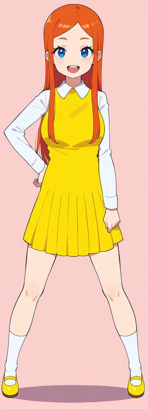 1girl, solo, long hair, looking at viewer, smile, open mouth, blue eyes, simple background, long sleeves, dress, standing, full body, red hair, shoes, socks, orange hair, hand on hip, pink background, mary janes, yellow dress, yellow skirt,BREAK,source_anime,score_7_up,score_8_up,score_9