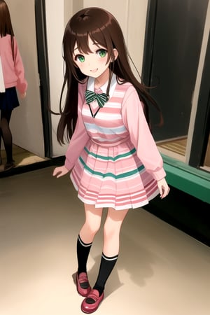 1girl, Rin Shibuya, brown hair, longe hair, Red and pink striped dress, long skirt dress, long sleeve, black and white striped socks, (masterpiece), shirt, smile, green eyes, Pink shoes, full body, looking at the viewers, Smling, 