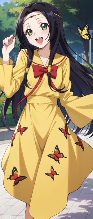 sumeragi kaguya, green eyes, black hair, long hair, hair tubes, red bow, yellow dress, squar necked dress, butterfly print, long sleeves, smiling, sunny day, park, mouth open teeth, 
