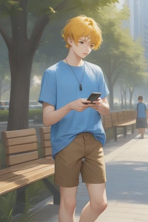 1Man, solo, masterpiece, best quality, yellow hair, short-sleeved light blue shirt,  brown shorts, blue shose, outdoors, phone, (Age18),  sided hair, white soocks, Teenager, 