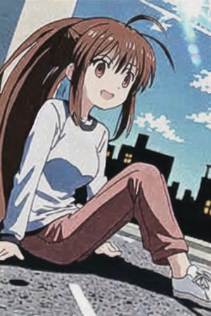 score_9, score_8_up, score_7_up, score_6_up, rating_safe, source_anime, best quality, masterpiece, detailed background, detailed eyes, (dutch angle), streets, city, sunny, sitting, looking away, diagonal view, smiling, open mouth, natsume rin, small breasts, ahoge, long ponytail, white raglan shirt, pink shoes, Pink long pants, Blue longe sleeve, Red eyes,