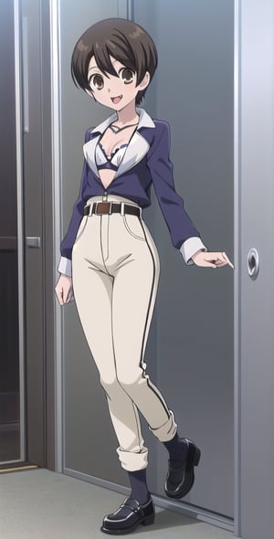 1girl, solo, Fujioka Haruhi short hair, white bra, pants, full boddy, toplles, standing, looking at viewers, belt, black shose, silly face, tounge, open mouth,