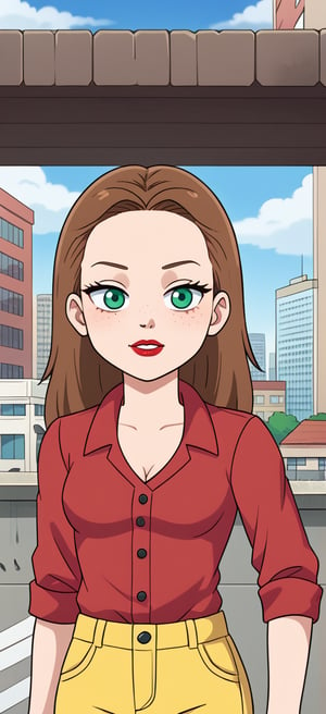 BIG FOREHEAD, S4rahLynnBH, brown hair, green eyes, looking at viewers, , Freckles, RED SHIRT, YELLOW SHORTS, city, day, outdoors, anime style,lipstick