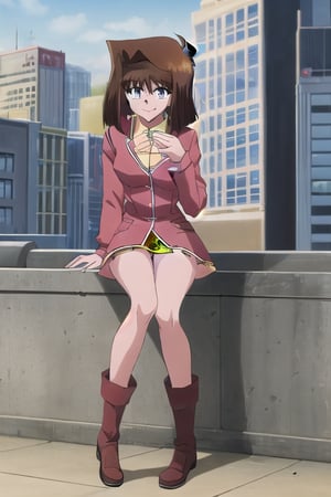  1girl, duel monsters ,hair brown ,blue eyes, Brown hair, anzu mazaki, duel monsters , hair brown , yellow dress long sleeves, with pink cardigan, outdoors, day time city, short hair, masterpiece, best quality, smiling, full body, red black boots 
