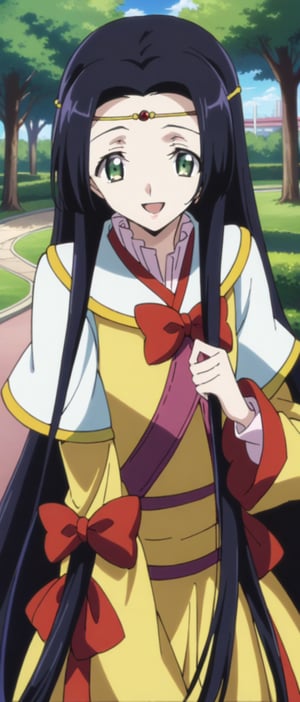 sumeragi kaguya, green eyes, black hair, long hair, hair tubes, red bow, yellow dress, butterfly print, long sleeves, smiling, sunny day, park, mouth open teeth, 
