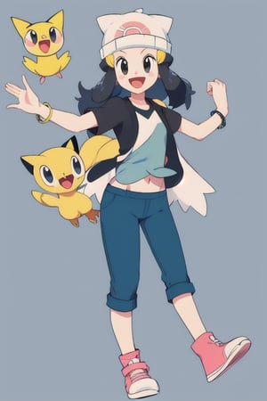 dawn(pokemon), 1girl, solo,eyelashes, hat, beanie, navel, open mouth, smile, white headwear, grey eyes, tongue, long hair, bracelet, short sleeves, shirt, hair ornament, hairclip, jewelry, :d, pants, looking at viewer, black shirt, pink shoes, full body,