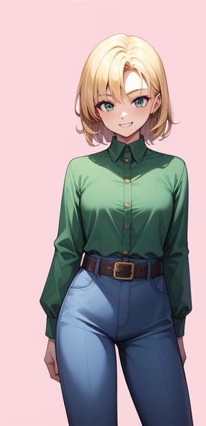 1girl, solo, looking at viewer, smile, blonde hair, simple background, Hairstyles with Flipped Endsbrown, eyes, standing, dark Green collard shirt, long slevees, collard shirt, blue pants, pink background, belt, real, Long sleeves, score_9,score_8_up,score_7_up,score_6_up,score_5_up,score_4_up,source_anime,BREAK