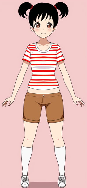 1girl, solo, smile, short hair, simple background, shirt, black hair, twintails, brown eyes, full body, shoes, shorts, socks, midriff, striped, kneehighs, pink background, short twintails, white socks, sneakers, striped shirt, brown shorts