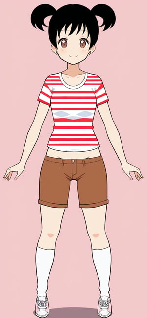 1girl, solo, smile, short hair, simple background, shirt, black hair, twintails, brown eyes, full body, shoes, shorts, socks, midriff, striped, kneehighs, pink background, short twintails, white socks, sneakers, striped shirt, brown shorts