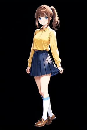 1girl, solo, looking at viewer, smile, short hair, bangs, blue eyes, skirt, simple background, brown hair, shirt, long sleeves, standing, full body, ponytail, pleated skirt, shoes, socks, blunt bangs, side ponytail, white socks, black background, yellow shirt