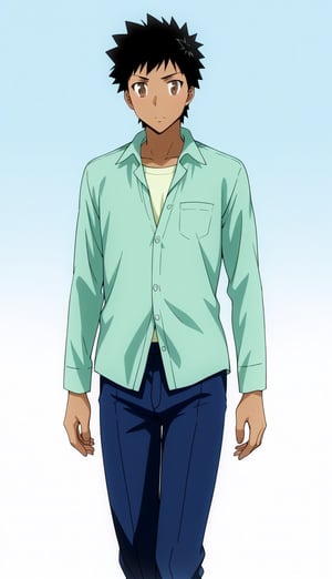 1man, solo, brown skin, Takeshi Yamamoto, black hair, brown eyes, light green shirt, white t shirt, unbuttoned, blue pants, 