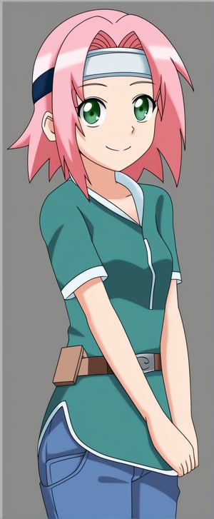 1girl, pink hair, short hair, green eyes, forehead protector, red t shirt, capped, slevees, pink  jeans, smile, Sakura