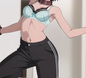 1girl, solo, Fujioka Haruhi short hair, bra, balck pants, full boddy, toplles, collar, 