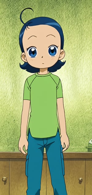 1girl, solo,  aikottikawaii, short hair, blue hair, ahoge, blue eyes, green shirt, raglan sleeves, blue jeans, 