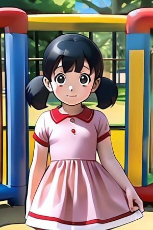 1girl, solo, HDR,  masterpiece, looking at viewers, Shizuka minamoto, black hair, pigtails, doraemon, Pink dress with stripes with red stripes, white soock, Red shoes, Playground, High quality, black eyes, smiling, 