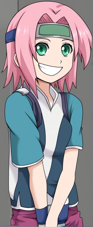 1girl, pink hair, short hair, green eyes, forehead protector, red t shirt, capped, slevees, pink  jeans, smile, Sakura