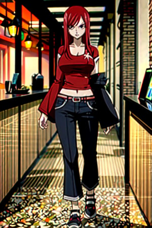 Red Hair, Erza Scarlet, fairy tail, red shirt, longe sleeves, black pants, green shose, scoop neck, background at night, high quality, high quality, (8K), large breast, looking at the viewers, brown eyes, indoors, city, (4k), city, standing, full body

