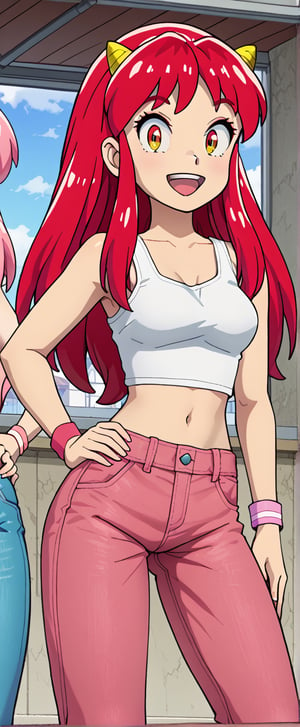  lum, oni horns, white tank top, red backgrownd, mouth open, pink jeans, smiling, looking at viewer, long hair, standing, crop top, mary jeane shose, pink wrist_band, hand on hip peace sing,