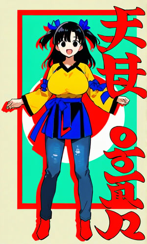 1 teenage girl, black hair, ponytail, yellow t shirt, blue jeans, high quality, cowboy shots, two side up, black eyes, (smile:0.8), open mouth, (16 year old), masterpiece, ultra high quality, longe sleeves, large breast, skirt, good artwork, high definition, blue ribbon,
full body, Anime Art,
