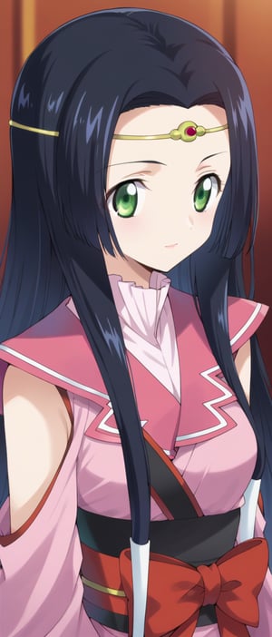 sumeragi kaguya, green eyes, black hair, long hair, circlet, hair tubes, red bow