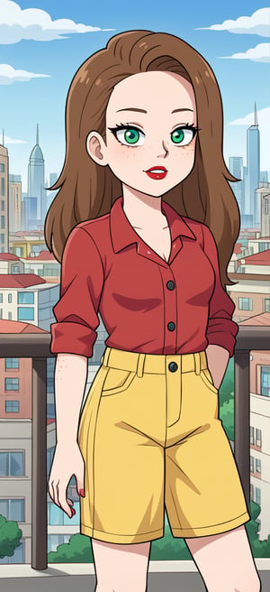 BIG FOREHEAD, S4rahLynnBH, brown hair, green eyes, looking at viewers, , Freckles, RED SHIRT, YELLOW SHORTS, city, day, outdoors, anime style,lipstick