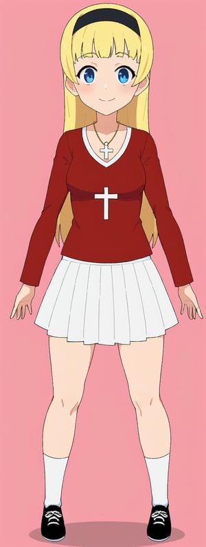 An animated image of a girl with blonde hair and blue eyes. She is wearing a red long-sleeved shirt with a white skirt that has a white cross on it. The girl is standing with her arms outstretched. She has a black headband on her head. The background is a vibrant pink color.